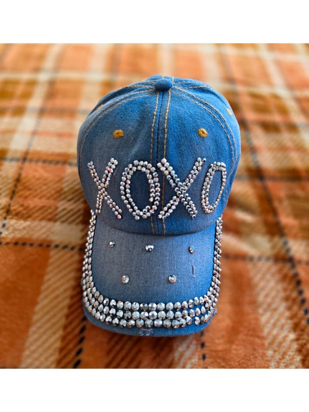 True Gear Women’s Blue Denim XOXO Rhinestone Baseball Cap Adjustable